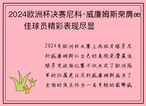 2024欧洲杯决赛尼科·威廉姆斯荣膺最佳球员精彩表现尽显