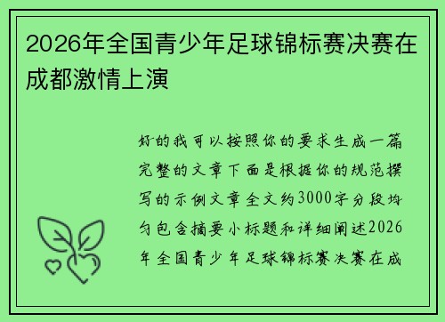 2026年全国青少年足球锦标赛决赛在成都激情上演